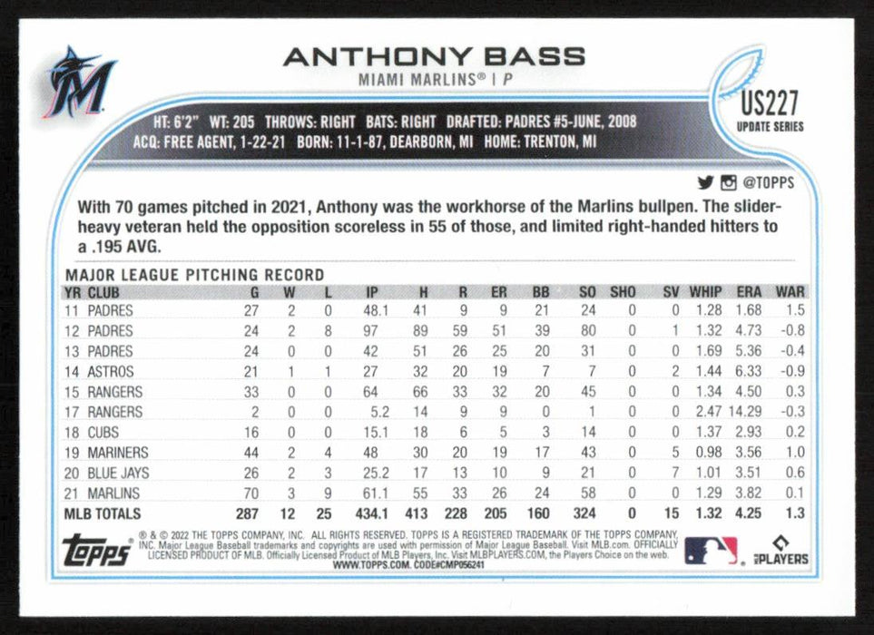 Anthony Bass 2022 Topps Update Rainbow Foil # US227 Miami Marlins - Collectible Craze America