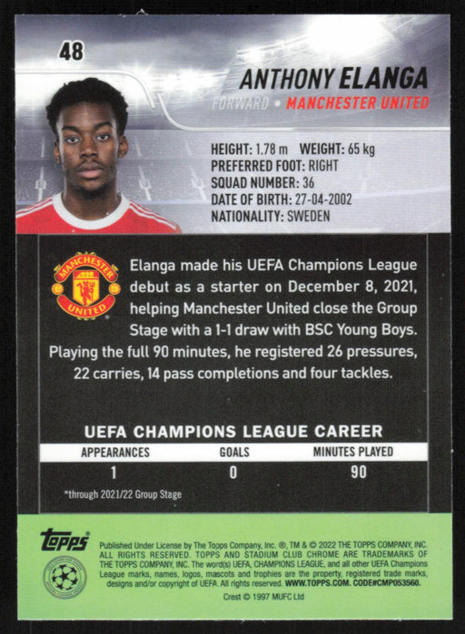 Anthony Elanga 2021 Topps Stadium Club Chrome UEFA Champions League # 48 RC Manchester United Base - Collectible Craze America