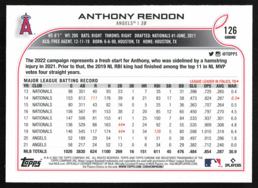 Anthony Rendon 2022 Topps Chrome Baseball # 126 Los Angeles Angels Base - Collectible Craze America