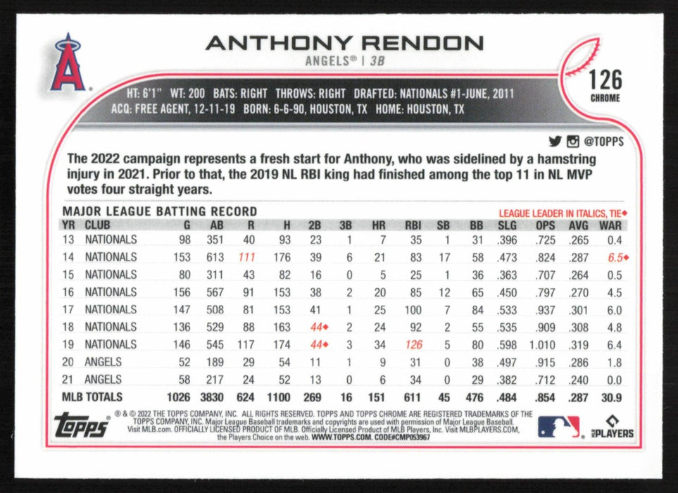 Anthony Rendon 2022 Topps Chrome Baseball # 126 Los Angeles Angels Base - Collectible Craze America