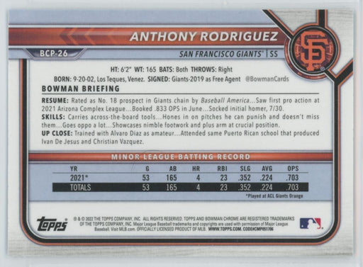 Anthony Rodriguez 2022 Bowman Chrome Prospects # BCP-26 1st Bowman San Francisco Giants - Collectible Craze America