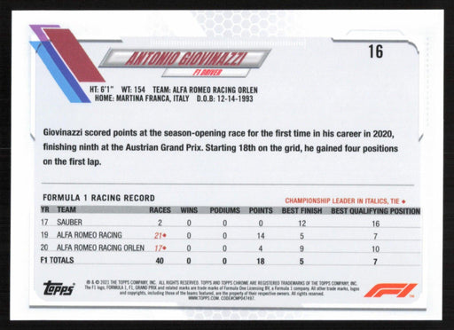 Antonio Giovinazzi 2021 Topps Chrome Formula 1 # 16 Alfa Romeo Racing ORLEN - Collectible Craze America