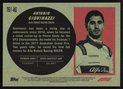 Antonio Giovinazzi 2021 Topps Chrome Formula 1 1961 Topps Sports Cars # T61-AG Insert - Collectible Craze America