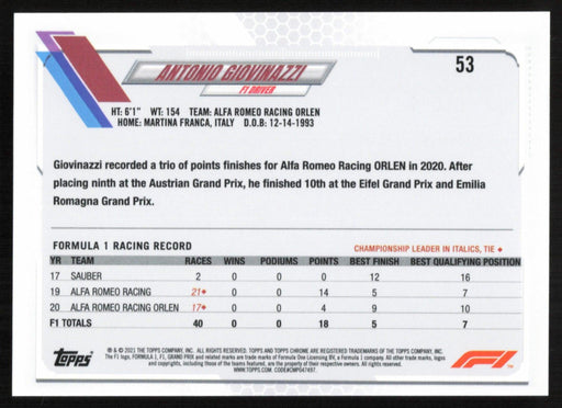 Antonio Giovinazzi 2021 Topps Chrome Formula 1 # 53 Alfa Romeo Racing ORLEN - Collectible Craze America