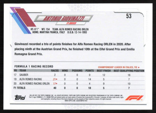 Antonio Giovinazzi 2021 Topps Chrome Formula 1 # 53 Purple/Green Refractor - Collectible Craze America