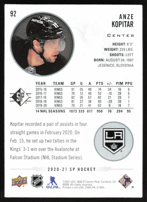 Anze Kopitar 2020 SP Hockey # 92 Los Angeles Kings - Collectible Craze America