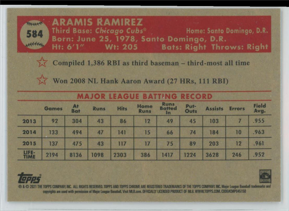 Aramis Ramirez 2021 Topps Chrome Platinum Anniversary # 584 Chicago Cubs - Collectible Craze America