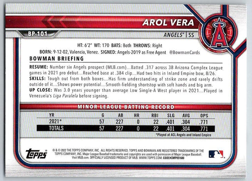 Arol Vera 2022 Bowman Prospects # BP-101 Los Angeles Angels - Collectible Craze America