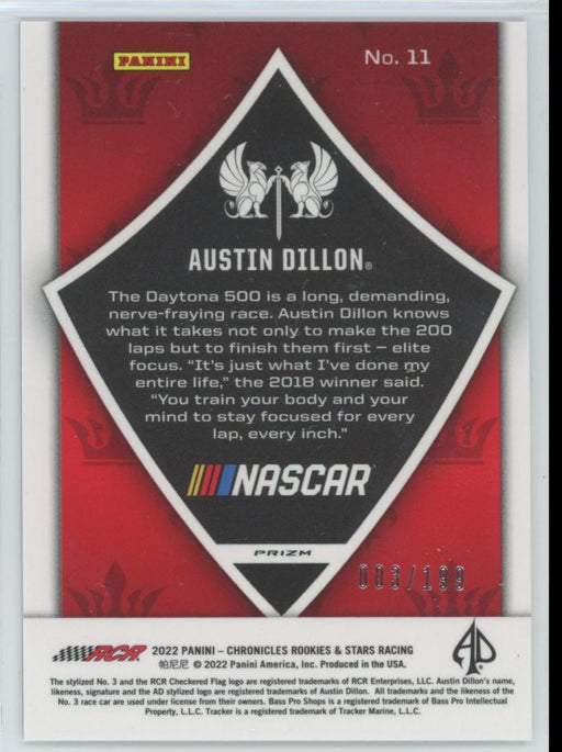 Austin Dillon 2022 Panini Chronicles Racing Crusade # 11 Blue Prizm 3/199 - Collectible Craze America