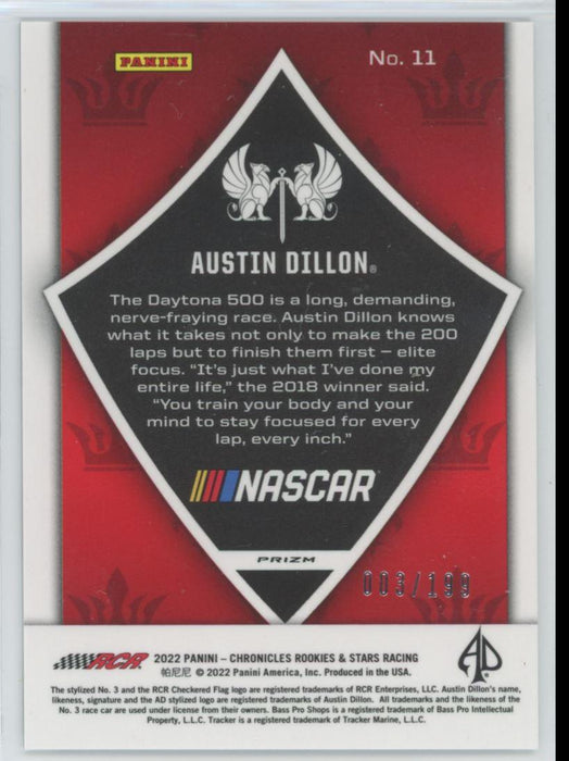Austin Dillon 2022 Panini Chronicles Racing Crusade # 11 Blue Prizm 3/199 - Collectible Craze America