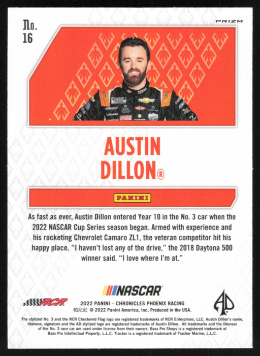 Austin Dillon 2022 Panini Chronicles Racing Phoenix # 16 Silver Prizm - Collectible Craze America