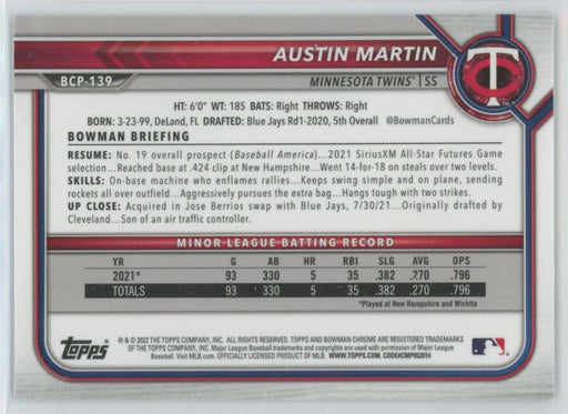 Austin Martin 2022 Bowman Chrome Prospects # BCP-139 Mojo Refrctor Minnesota Twins - Collectible Craze America