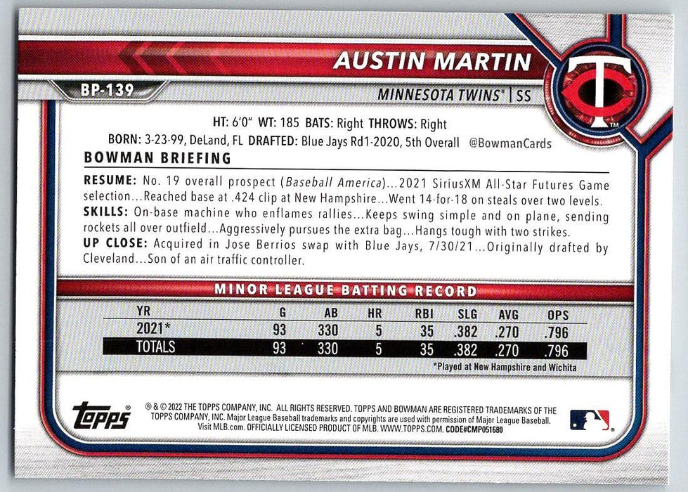 Austin Martin 2022 Bowman Prospects # BP-139 Minnesota Twins - Collectible Craze America