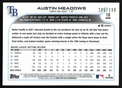 Austin Meadows 2022 Topps Chrome # 10 Magenta 206/399 Tampa Bay Rays - Collectible Craze America