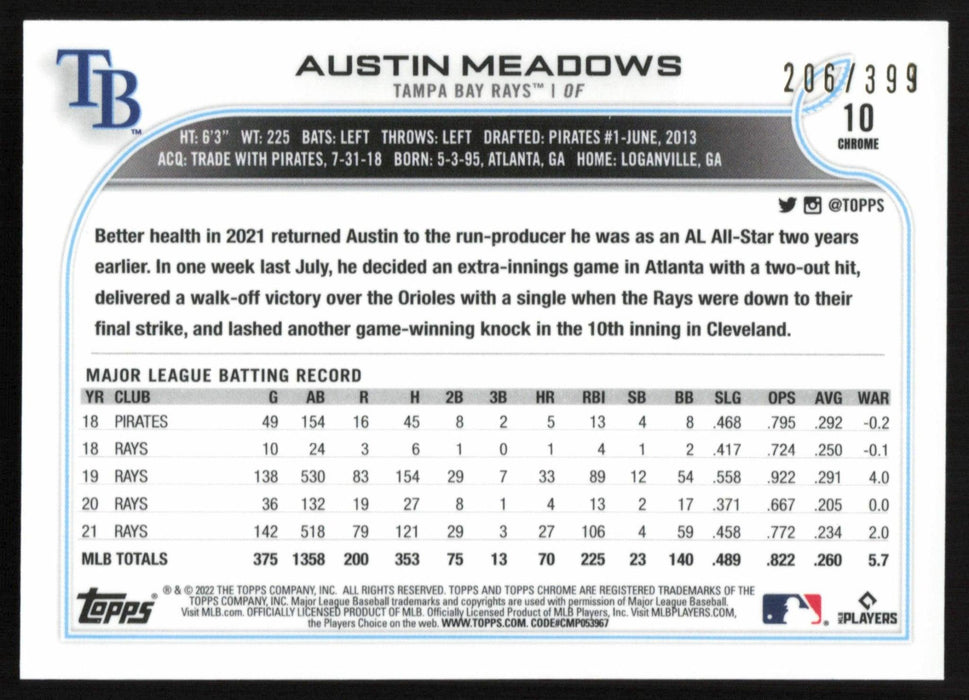 Austin Meadows 2022 Topps Chrome # 10 Magenta 206/399 Tampa Bay Rays - Collectible Craze America