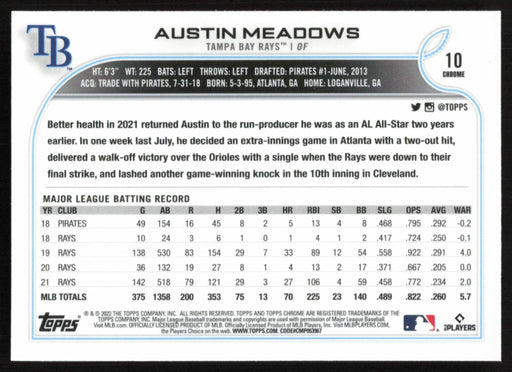Austin Meadows 2022 Topps Chrome # 10 X-Fractor Tampa Bay Rays - Collectible Craze America