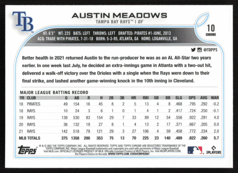 Austin Meadows 2022 Topps Chrome # 10 X-Fractor Tampa Bay Rays - Collectible Craze America