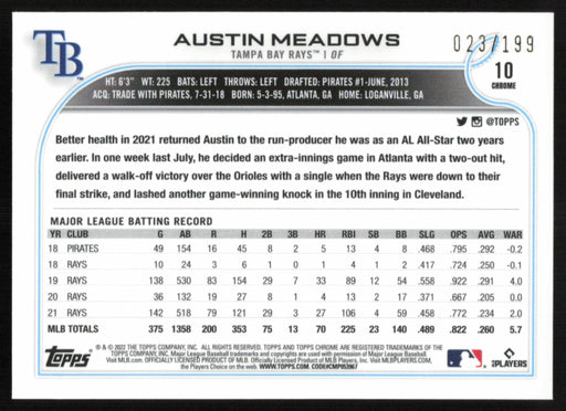 Austin Meadows 2022 Topps Chrome Baseball # 10 Aqua Refractor 23/199 Tampa Bay Rays - Collectible Craze America