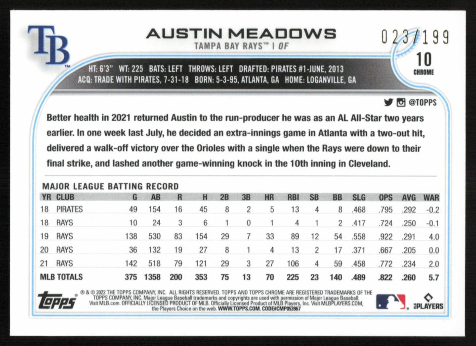 Austin Meadows 2022 Topps Chrome Baseball # 10 Aqua Refractor 23/199 Tampa Bay Rays - Collectible Craze America