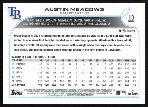 Austin Meadows 2022 Topps Chrome Baseball # 10 Prism Refractor Tampa Bay Rays - Collectible Craze America