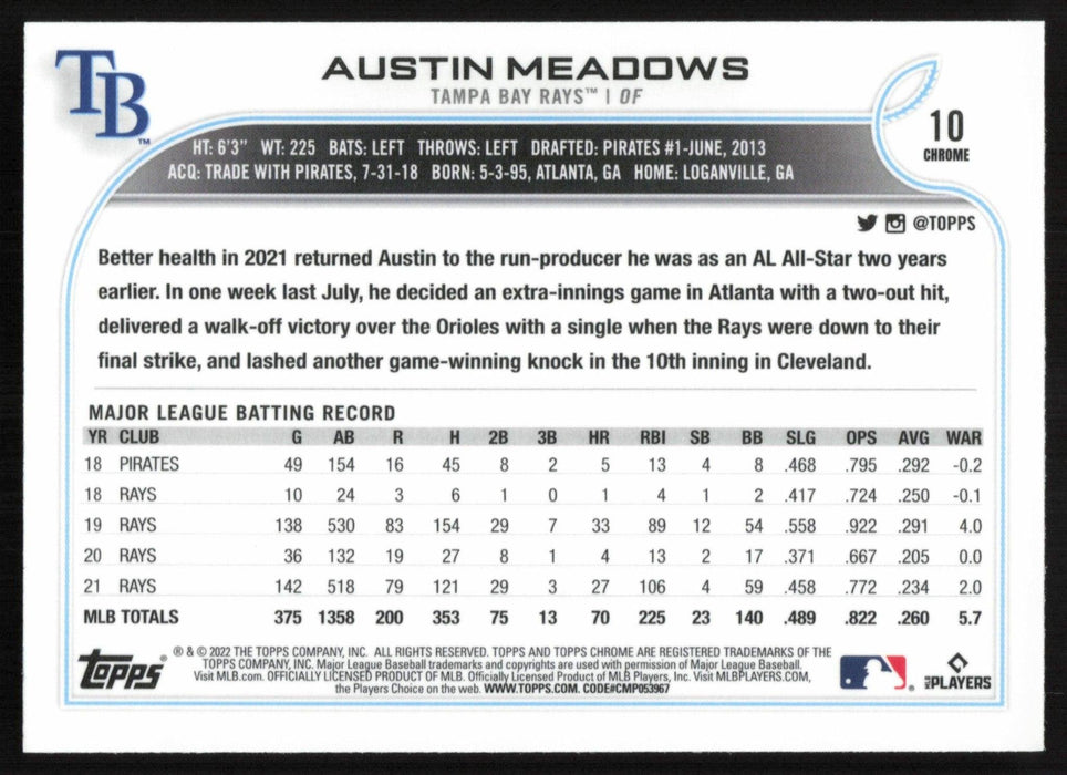 Austin Meadows 2022 Topps Chrome Baseball # 10 Prism Refractor Tampa Bay Rays - Collectible Craze America