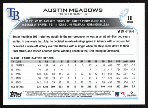 Austin Meadows 2022 Topps Chrome Baseball # 10 Tampa Bay Rays Base - Collectible Craze America