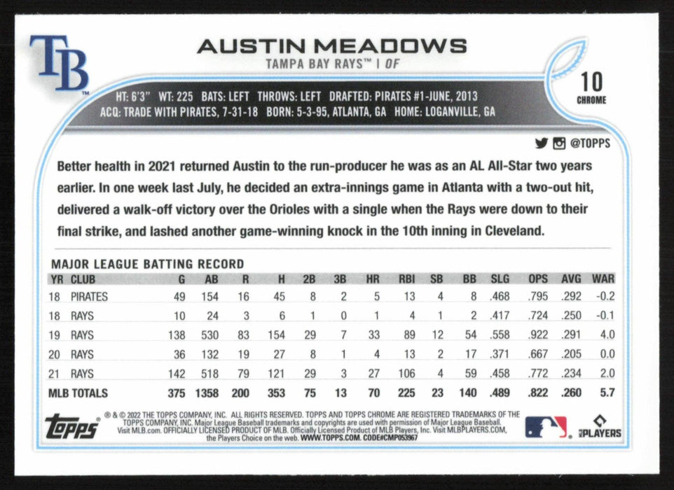 Austin Meadows 2022 Topps Chrome Baseball # 10 Tampa Bay Rays Base - Collectible Craze America