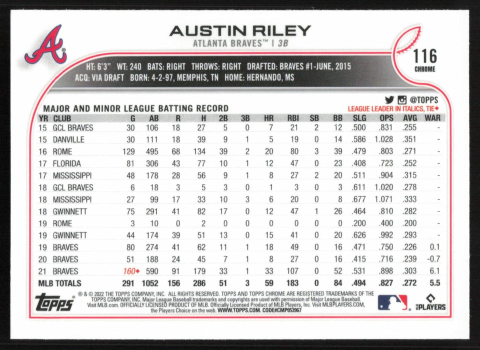 Austin Riley 2022 Topps Chrome # 116 Pink Refractor Atlanta Braves - Collectible Craze America