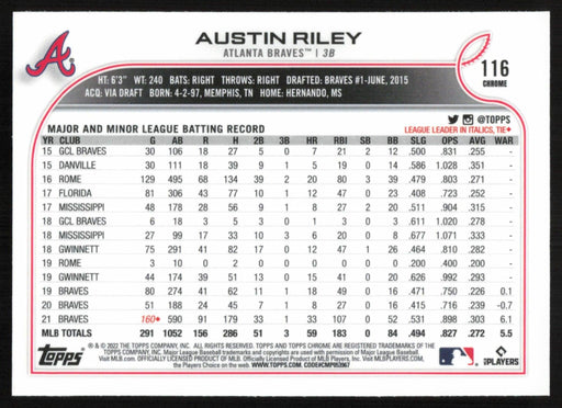Austin Riley 2022 Topps Chrome Baseball # 116 Atlanta Braves Base - Collectible Craze America