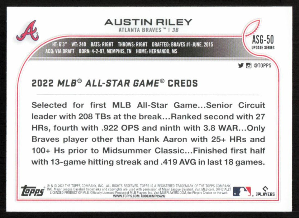 Austin Riley 2022 Topps Update # ASG-50 All Star Game Atlanta Braves - Collectible Craze America