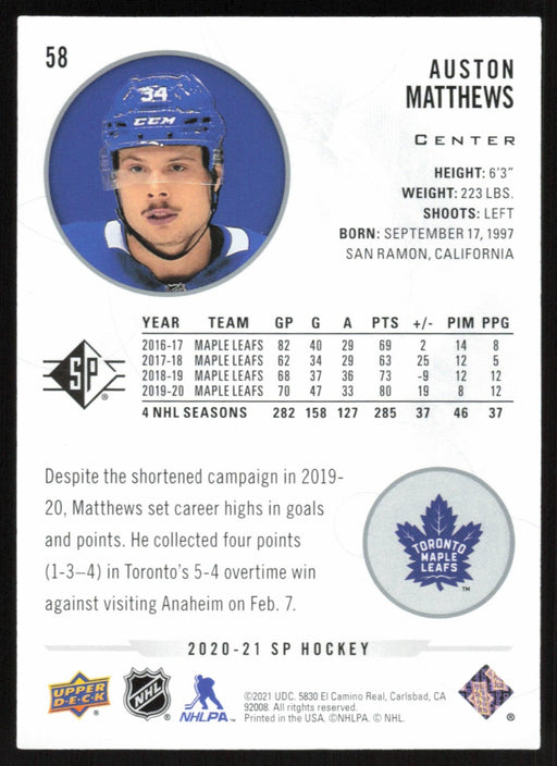 Auston Matthews 2020 SP Hockey # 58 Toronto Maple Leafs - Collectible Craze America