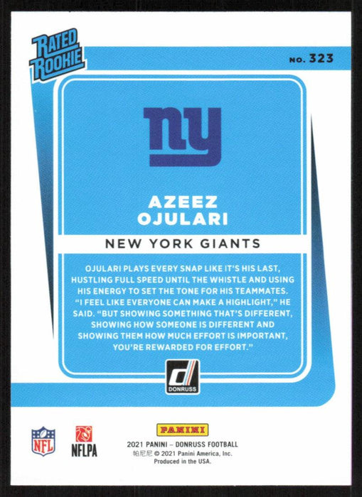 Azeez Ojulari 2021 Donruss Football # 323 RC New York Giants Rated Rookie Base - Collectible Craze America