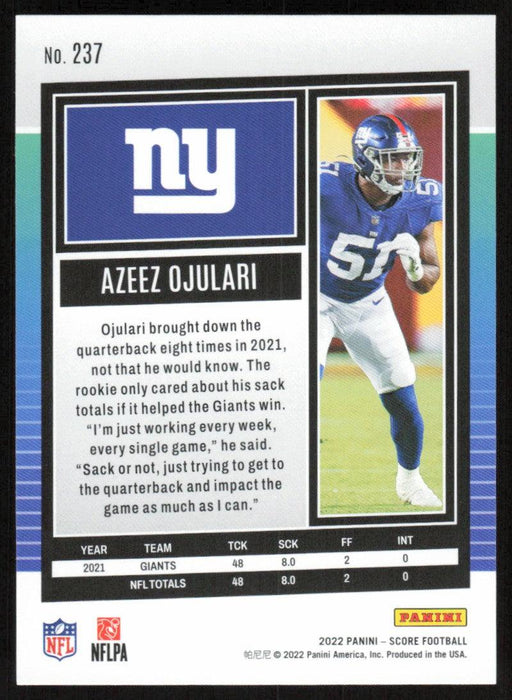 Azeez Ojulari 2022 Panini Score Football # 237 Base New York Giants - Collectible Craze America