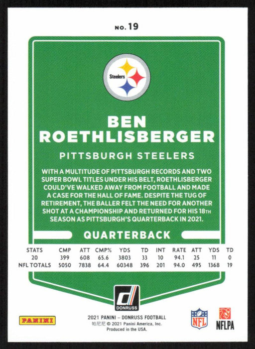 Ben Roethlisberger 2021 Donruss Football # 19 Pittsburgh Steelers Base - Collectible Craze America