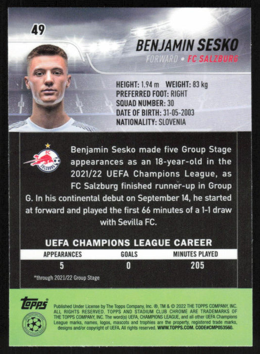 Benjamin Sesko 2021 Topps Stadium Club Chrome UEFA Champions League # 49 RC FC Salzburg Base - Collectible Craze America