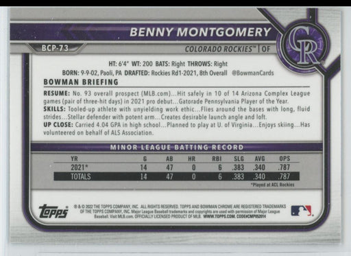 Benny Montgomery 2022 Bowman Chrome Prospects # BCP-73 Mojo Refrctor Colorado Rockies - Collectible Craze America