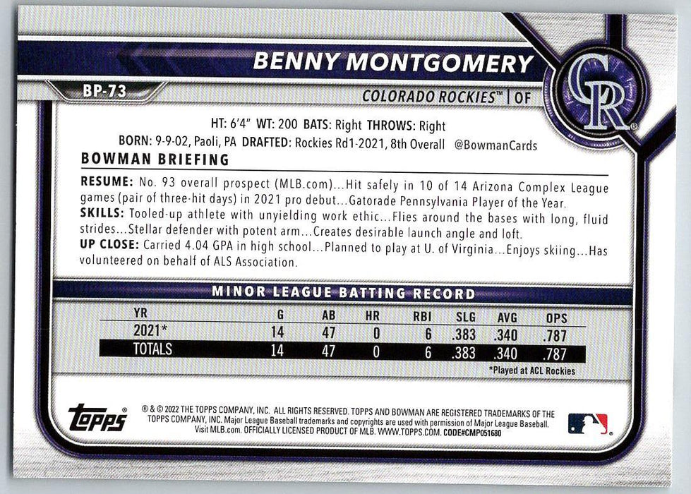 Benny Montgomery 2022 Bowman Prospects # BP-73 Colorado Rockies - Collectible Craze America