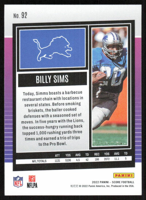 Billy Sims 2022 Panini Score Football # 92 Base Detroit Lions - Collectible Craze America