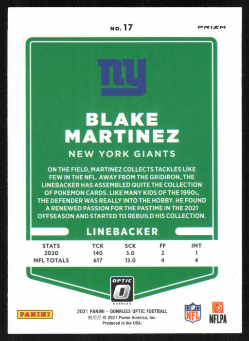 Blake Martinez 2021 Donruss Optic # 17 Silver Prizm New York Giants - Collectible Craze America