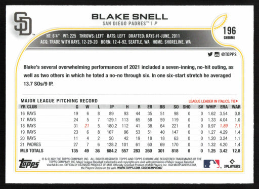 Blake Snell 2022 Topps Chrome # 196 Sepia Refractor San Diego Padres - Collectible Craze America