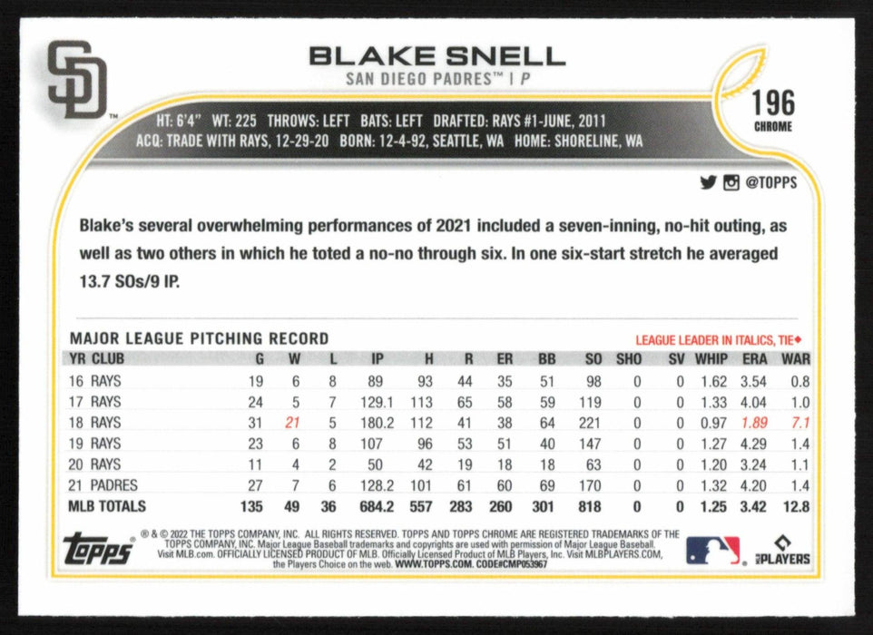 Blake Snell 2022 Topps Chrome # 196 Sepia Refractor San Diego Padres - Collectible Craze America