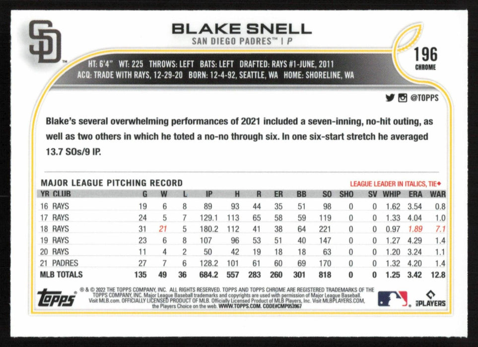 Blake Snell 2022 Topps Chrome # 196 X-Fractor San Diego Padres - Collectible Craze America