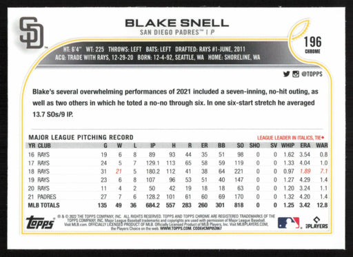 Blake Snell 2022 Topps Chrome Baseball # 196 San Diego Padres Base - Collectible Craze America