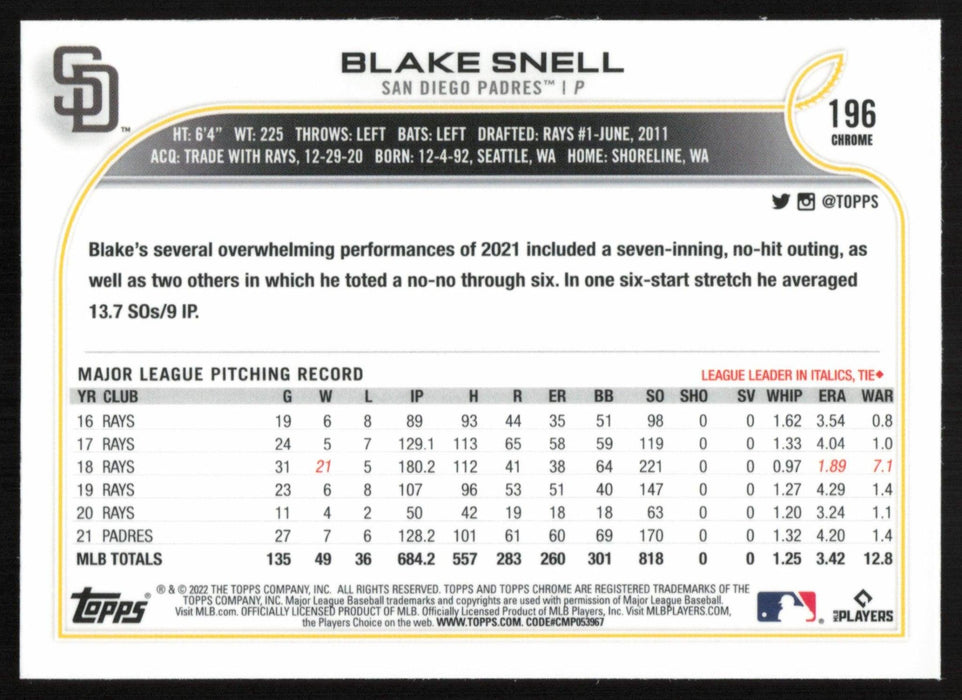Blake Snell 2022 Topps Chrome Baseball # 196 San Diego Padres Base - Collectible Craze America