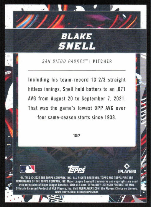 Blake Snell 2022 Topps Fire Baseball # 157 San Diego Padres Base - Collectible Craze America