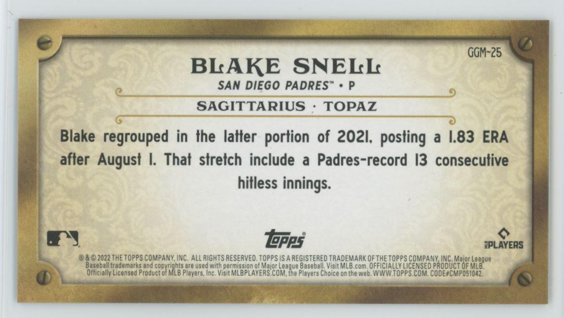 Blake Snell 2022 Topps Gypsy Queen # GGM-25 GQ Gems San Diego Padres - Collectible Craze America