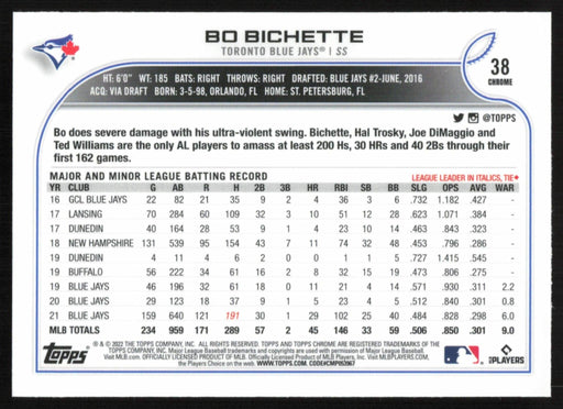 Bo Bichette 2022 Topps Chrome Baseball # 38 Toronto Blue Jays Base - Collectible Craze America