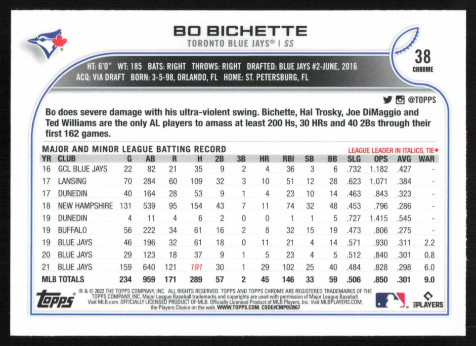 Bo Bichette 2022 Topps Chrome Baseball # 38 Toronto Blue Jays Base - Collectible Craze America
