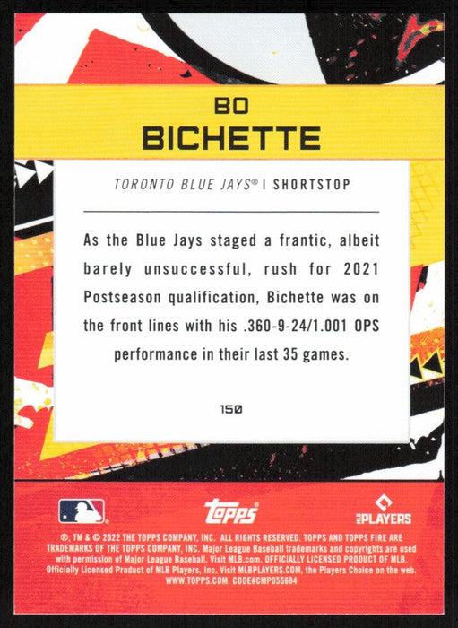 Bo Bichette 2022 Topps Fire Baseball # 150 Toronto Blue Jays Base - Collectible Craze America