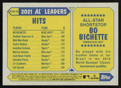 Bo Bichette 2022 Topps Series 2 # 87AS-41 1987 Topps All Star Toronto Blue Jays - Collectible Craze America